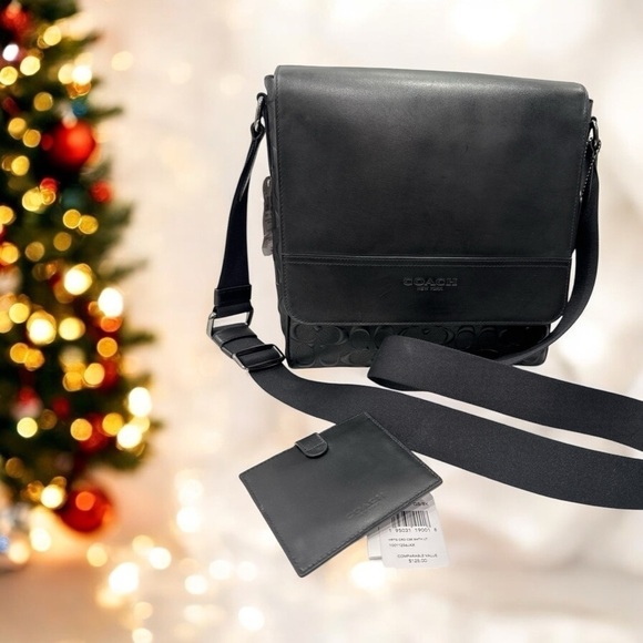 COACH Houston Map Crossbody Bag In Black Signature Leather with cart holder NWT - Picture 8 of 10